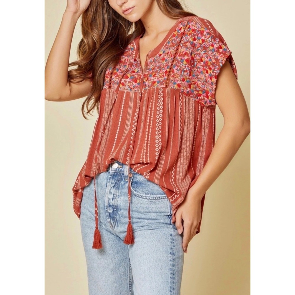 Savanna Jane floral embroidered blouse women's 2X striped peasant boho western